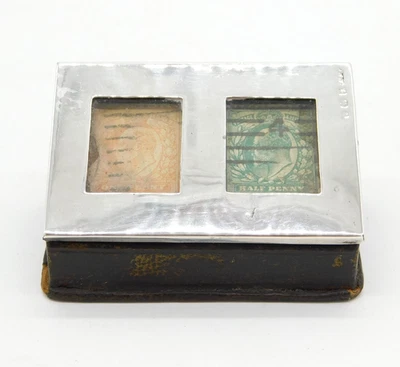 Caixa de selos duplos de couro com tampa de prata esterlina eduardiana antiga 1904 - Imagem 1 de 4