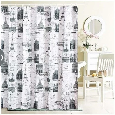 Shower Curtain Paris Themed Stamps Black & White 70" X 72"  100% Polyester - New - Image 1 of 3