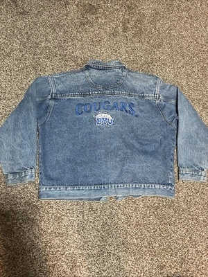 Vintage BYU cougars Utah college Mens Large Denim Jean Jacket College Spirit - Image 1 of 4
