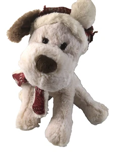 Gitzy Winter Knit Hat / Scarf Dog Plush Stuffed Animal 14" Cream and Brown Puppy - Picture 1 of 11