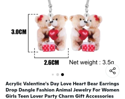 Acrílico Día de San Valentín Amor Corazón Oso Pendientes Colgantes Moda Animal Jewe Foto 1 de 4