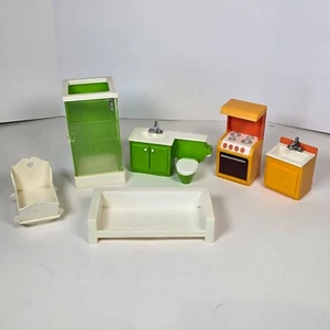 Fisher Price Doll House Furniture 1977 Shower Bathroom Stove Sink Sofa Cradle - Picture 1 of 22