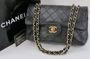 Auth CHANEL Double Flap Black Quilted Leather Gold Chain Shoulder Bag #48085