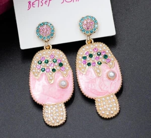 Betsey Johnson Crystal Ice Cream Bars Gold Drop Dangle Earrings Free Gift Bag - Picture 1 of 3