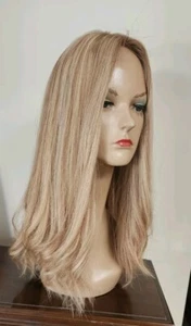 100% HUMAN HAIR WIG HONEY BLONDE W/HIGHLIGHTS SILK TOP 20" LONG M FREE PARTING - Picture 1 of 14