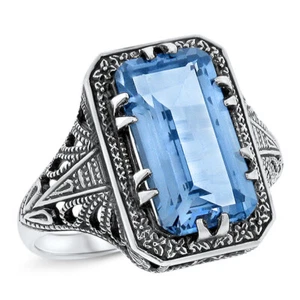 DECO ANTIQUE STYLE 925 STERLING SILVER 5 CARAT SIMULATED AQUAMARINE RING #453 - Picture 1 of 4