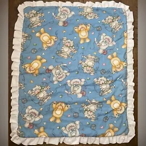 Baby Quilt Blanket Cats w Yarn/Hearts Dianna Marcus White Trim Vintage 20x24" - Picture 1 of 10