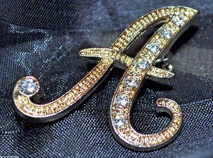 Beautiful Brooch Monogram Script "A" Rhinestones / Crystals 14K GP White Gold - Picture 1 of 5