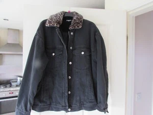 George Fashion Fit Black Padded Denim Jacket with Leopard Collar size 16 - Picture 1 of 8