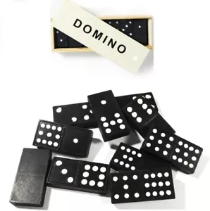28Pc Traditional Dominoes Set Wooden Box Toy Classic Game Kids Black White Dots - Foto 1 di 7