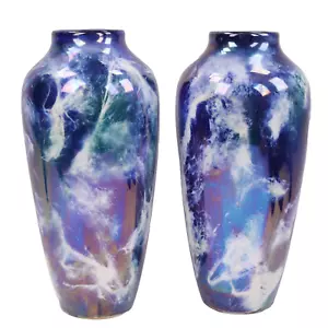 Coppia vasi ceramica artistica Wilkinsons Oriflamme illuminazione tempesta blu John Butler c1910 - Foto 1 di 11