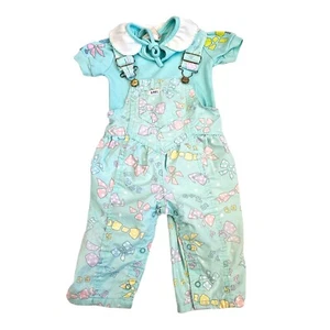 Vintage 90s Lee Girls 12 Month Bows Novelty Bibs Overalls Mint Green 2 Pc Set - Picture 1 of 12