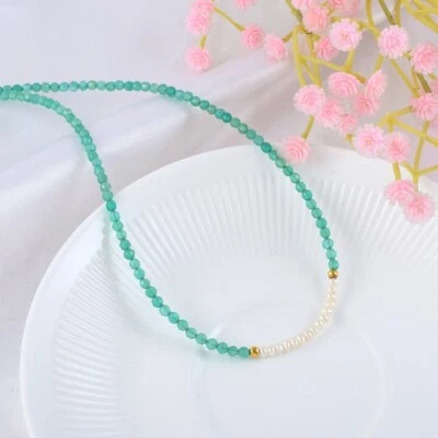 Natural Pearl & Green Onyx 2 Multi Faceted Round Gemstone Beaded 18" Necklace Foto 1 de 4