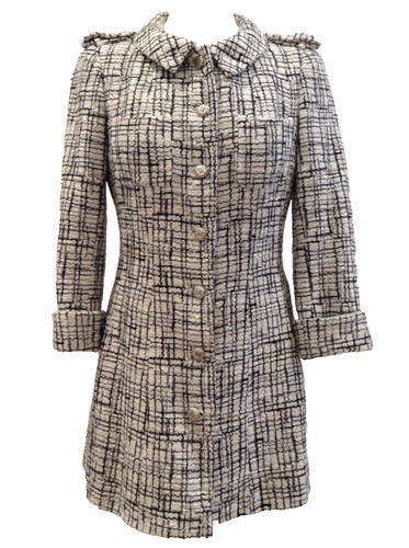 ORIGINALE GIACCA CHANEL CAPPOTTO MONOCROMATICO NERO BIANCO TWEED ARGENTO CC BOTTONI S 38