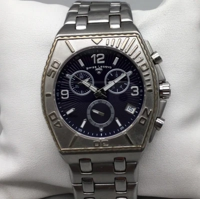 Swiss Legend Watch Men Chronograph 46mm Silver Tone Blue Date New Battery 8.5" - image 1 of 4