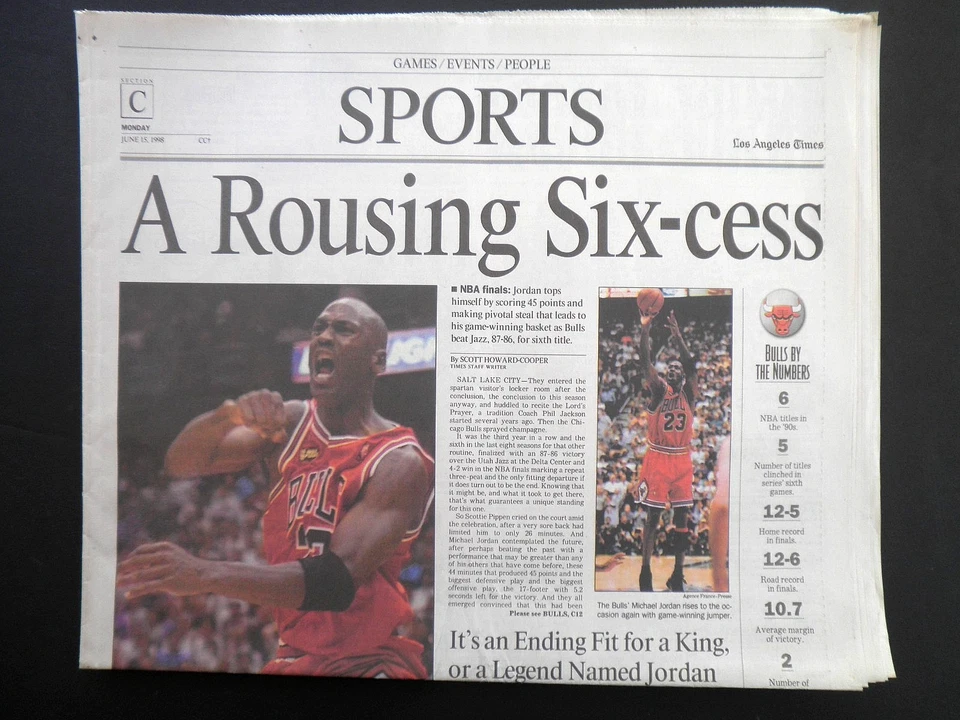 RARO BULLS MICHAEL JORDAN GANA SEXTO TÍTULO DE LA NBA 1998 PERIÓDICO DEPORTIVO ORIGINAL DE COLECCIÓN Foto 1 de 1