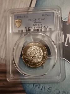 Mexico 1994 10 Pesos Bi-Metallic (925Silver center) Coin PCGS MS67 - Picture 1 of 3