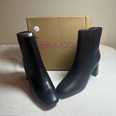 Sugar Womens Black Faux Leather Element Square Toe Block Heel Side Zip Boots 10M - Image 1 of 4