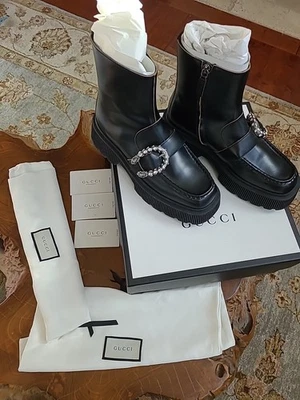 Новые женские GUCCI CORDOVAN LUX DIONYSUS Hunder черные ботинки Sz 39,5 .. Италия - Изображение 1 из 4