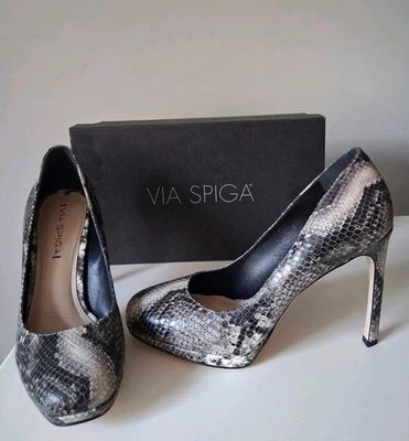 Zapatos de tacón alto vintage Via Spiga Snake 8 plataforma negro gris Stiletto raros Foto 1 de 4