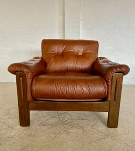 MID CENTURY VINTAGE SCANDINAVIAN LEATHER LOUNGE CHAIR IN COGNAC BROWN LEATHER - Picture 1 of 18