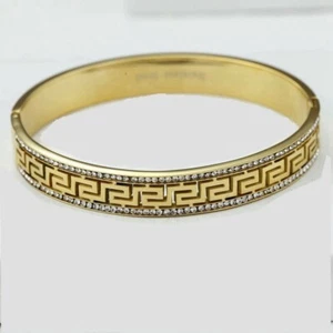 Men's 7" Stainless Steel,CZ Greek key 10mm Bangle Bracelet,Gold plated + Box - Picture 1 of 3