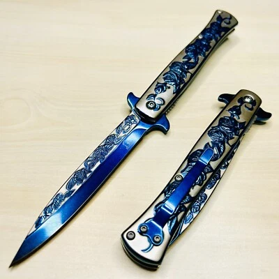 9” Blue Rose Flower Tactical Spring Assisted Open Blade Folding Pocket Knife - Image 1 of 4