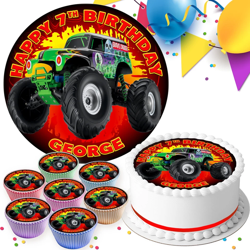MONSTER TRUCK BIRTHDAY PERSONALISED EDIBLE CAKE TOPPER & CUPCAKE TOPPERS R234