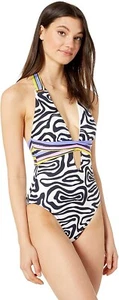 Trina Turk 188700 Womens V-Front Halter One Piece Swimsuit Black/Zebra Size 12 - Picture 1 of 2