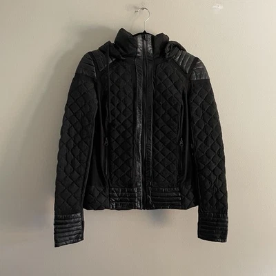 Blanc Noir Women S Black Full Zip Quilted Mesh-Inset Hooded Down Moto Jacket - Image 1 of 4