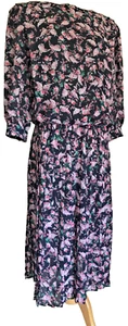 Vintage Caroline Wells Chiffon Kleid, Blumen Langarm Midi Plissee 12 Schulter - Bild 1 von 4