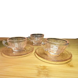 Vintage Cameo Ballerina Pink Depression Glass Set Of 3 Miniature Cups/Saucers - Picture 1 of 13