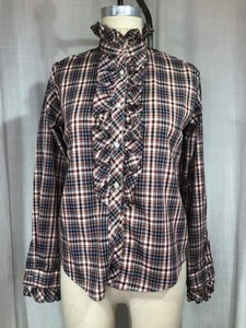 Vintage 70s Blue & Red Plaid Ruffle Blouse - Picture 1 of 5