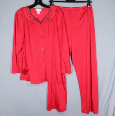 VTG SHADOWLINE Red NYLON Button-Up FLORAL PRINT Lounge PAJAMA SHIRT/PANTS Sz 38 - Image 1 of 4
