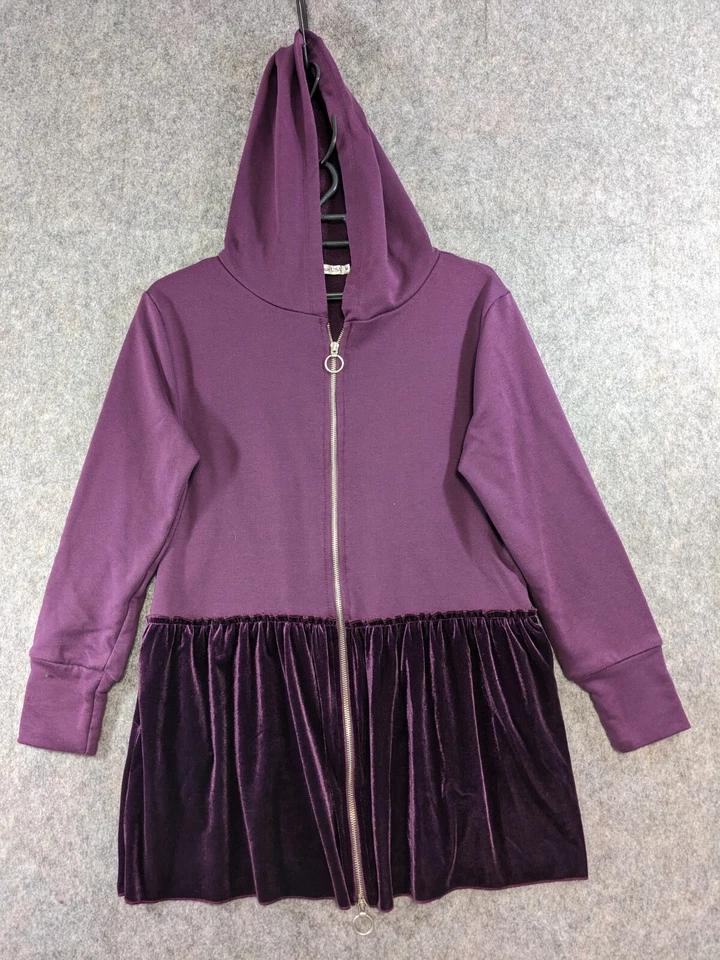 Chaqueta para mujer Z Avenue USA mediana púrpura tejida con capucha cremallera completa terciopelo volantes dobladillo Foto 1 de 4