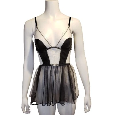 Victoria's Secret Babydoll 34B Negro Blanco Pestañas Encaje Tul Falda Foto 1 de 4