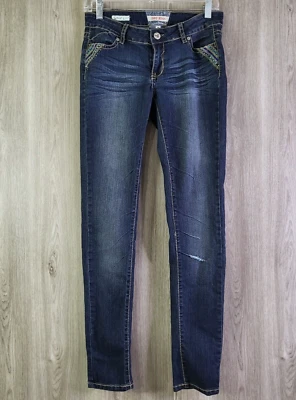 Hot Kiss Juniors Skinny Lily Jeans Size 5 Blue Low Rise Stretch Embroidered Deni - Image 1 of 4