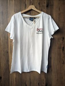 Indian Motorcycle Wheels and Waves Colab White V-neck Tshirt Oversize Women's XL