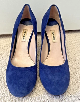 LOVELY! Miu Miu 38 (US 7.5) Royal Blue Suede Block Heel Pumps - Image 1 of 4