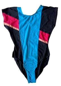 Vintage 80s Jacques Moret Cap Sleeve Bodysuit Leotard-Black/Teal/Red-Size Med - Picture 1 of 3
