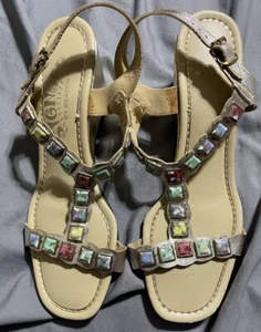 Signals By Beacon Sandals SUMMER Gold Womens Size 7 VTG 70s Multicolor Stones - Picture 1 of 12