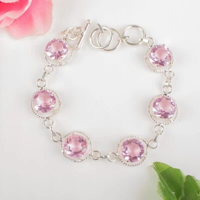 Pulsera de plata de ley 925 con piedras preciosas de morganita hecha a mano Foto 1 de 3