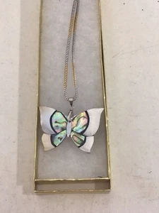 Abalone Butterfly Pendant Necklace 2-Tone Stainless Steel Chain Elegant Gift - Picture 1 of 3