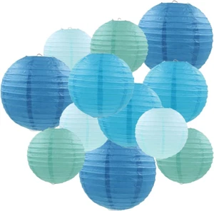 Blue Paper Lanterns 12 Pcs Assorted Size of 6" 8" 10" 12" Chinese round Paper... - Picture 1 of 1