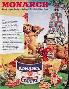Monarch Coffee 1949 anuncio impreso vintage años 40 conejos anamórficos molinillo de granos de león - Imagen 1 de 1