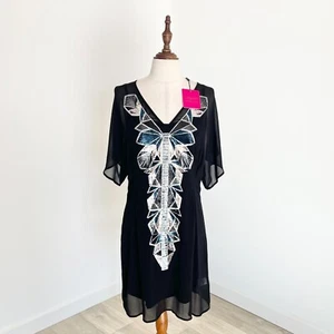 Wayne Cooper Sheer Sequin A-line Dress V-Neck Embellished w/ Slip Black Size 12 - Picture 1 of 12