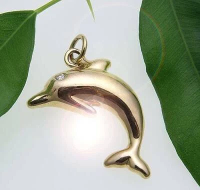 Colgante Delfín Diamante Real 585 Oro 14kt Delfín Oro Amarillo Brillante Unisex - Imagen 1 de 4
