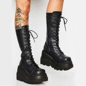 Mid Calf Boots Ladies Gothic Punk Lace Up Chunky High Heel Platform Shoes - Picture 1 of 14