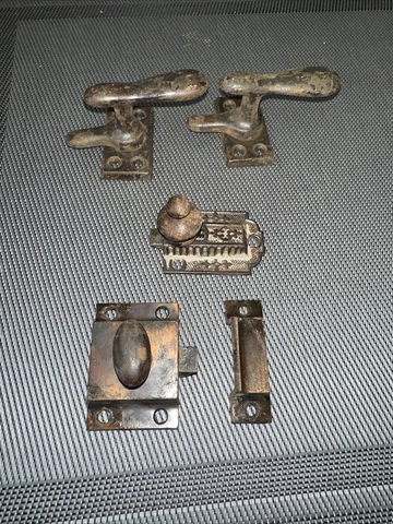 Antique Vtg Lot 4 Hoosier Cabinet Door Latch Knob  Handle Catches Pull Cover