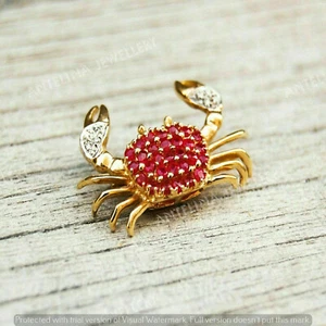 2.00 Ct Round Cut Ruby & Diamond Crab Brooch & Pendant In 14K Yellow Gold Finish - Picture 1 of 6